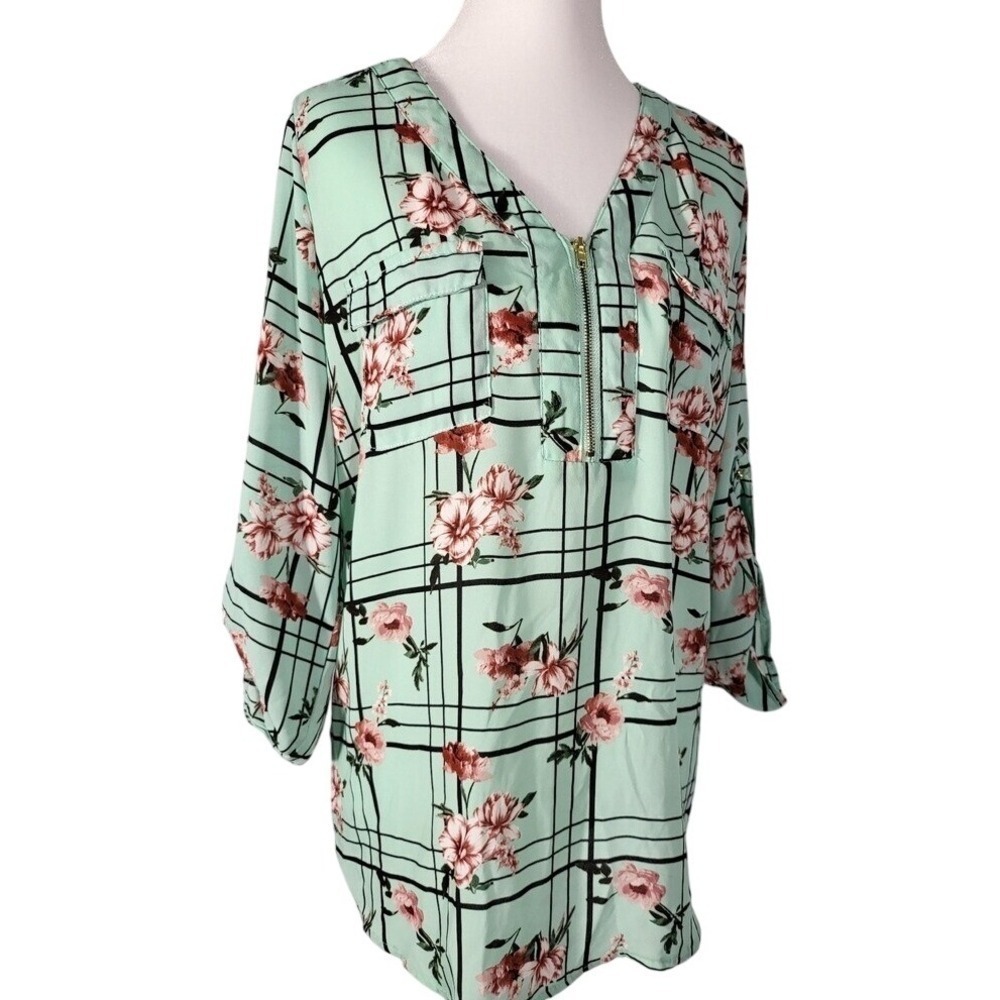 WishFull Park‎ Women's Floral Cool Green Plaid Blouse Size L - Picture 2 of 9